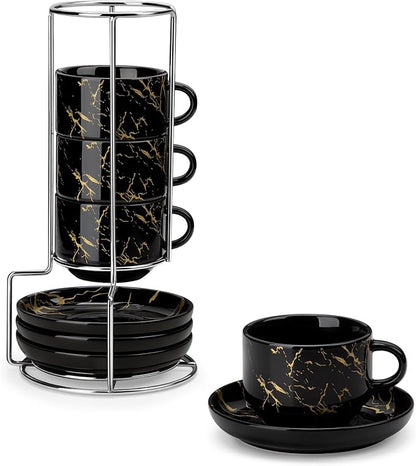 MALACASA 4 OZ Porcelain Espresso Cups with Saucers and Metal Stand Set of 4, Stackable Cappuccino Cups, Marble Black Expresso Shots Cup Set for Coffee Drinks, Latte, Tea