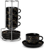 MALACASA 4 OZ Porcelain Espresso Cups with Saucers and Metal Stand Set of 4, Stackable Cappuccino Cups, Marble Black Expresso Shots Cup Set for Coffee Drinks, Latte, Tea