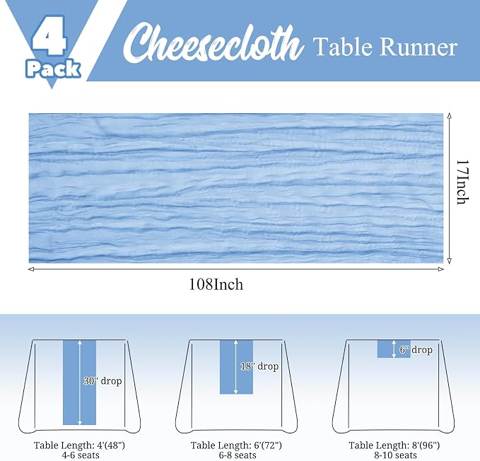 4 Pack Light Blue Table Runner 17 x 108inch Cheesecloth Table Runner Boho Gauze - Image 3