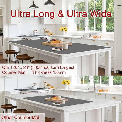Largest Silicone Mats for Kitchen Counter, 120" x 24" Extra Large Heat Resistant Counter Mat, Kitchen Island Waterproof Thicken Non-slip Countertop Protector Mat, Multipurpose Mats, Light Gray