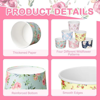 CHENGU 60 Pcs Floral Snack Cups 9 oz Disposable Floral Paper Dessert Bowls - Image 7