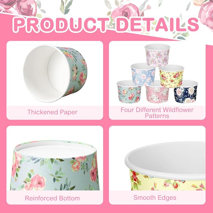 CHENGU 180 Pcs Floral Snack Cups 9 oz Disposable Floral Paper Dessert Bowls - Image 7