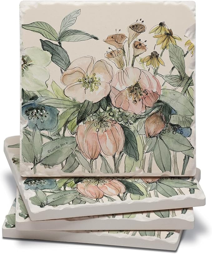 Thirstystone Floral Sketch 4 Pack Tumbled Tile Stone Coasters | 4" Square by CounterArt