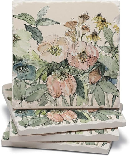 Thirstystone Floral Sketch 4 Pack Tumbled Tile Stone Coasters | 4" Square by CounterArt
