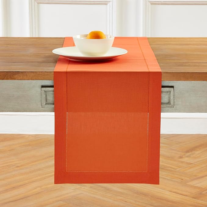 Solino Home Cotton Linen Table Runner Burnt Orange Hemstitch, 14 x 108 in | by SolinoHome