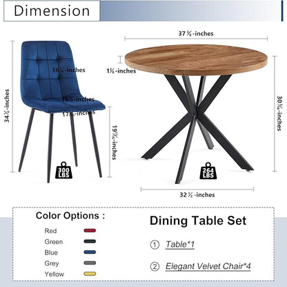 5-Piece Round Dining Table Set - Kitchen Table Chairs Set of 4 with Blue Velvet Upholstered Chairs -Dining Table Set for 4
