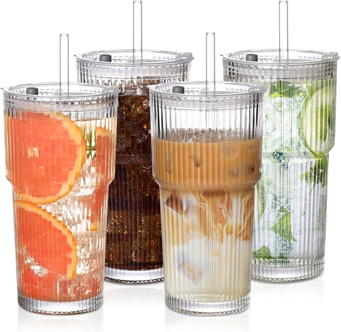 20oz Ribbed Glass Cups with Lids and Straws, Iced Coffee Cups Drinking Glasses by AUFXKOO