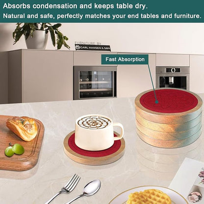 5 Pack Wood Coasters for Drinks, Minacun Absorbent Coaster Set, Drinks Coasters for Coffee Tabletop Protection, Non-Slip, Non-Stick, Suitable for Kinds of Cups Wooden Table Drink, 4.3 Inch Red