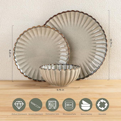 GBHOME Stoneware Dinnerware Sets for 4,Handcrafted Embossed Design Reactive Glaze Ceramic Plates and Bowls, Dishwasher and Microwave Safe, Service for 4(12pcs),Green Wheat