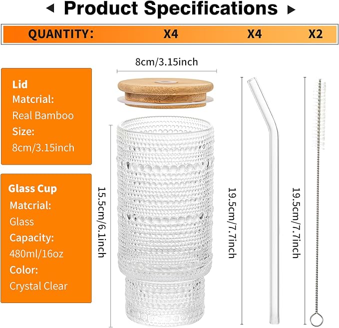 KEMORELA 16oz Hobnail Drinking Glasses - Image 4