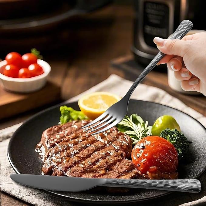 Hammered Black Silverware Set, Flatware Set, 18/10 Stainless Steel Premium - Image 9