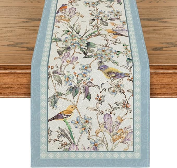 Artoid Mode Blue Birds Flowers Blossom Table Runner, Seasonal Spring Floral - Image 8