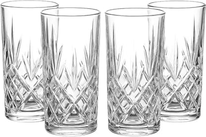 Crystal-Style Highball Glasses, Clear Cut Glass, 12.3 oz Capacity, Diamond Pattern, Cocktail Drinking Tumblers, Set of 4