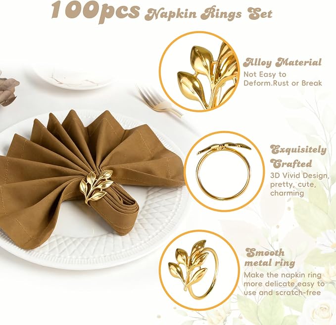 Leaf Napkin Rings Set of 100 Metal Napkin Rings Bulk Table Napkin Ring Suitable - Image 6