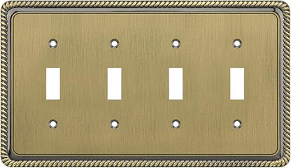 Henne Bery Rope Edge Decorative Wall Plate Switch Plate Outlet Cover (Quad Toggle, Antique Brass)