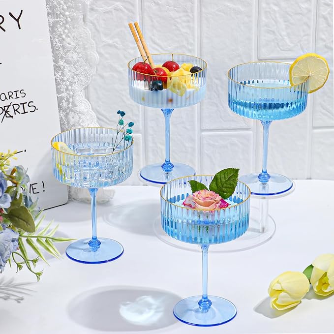 24 PCS Plastic Champagne Coupe Cup Ocean Blue Ribbed Coupe Glasses 10oz Detachable Gold Rim Espresso Martini Glass Vintage Margarita Glassware Cocktail Glass Set for Baby Shower Hanukkah