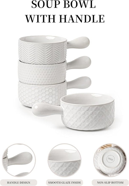 20oz Ceramic Soup Bowls with Handle, Set of 4,Textured Embossed Stoneware for Chili, Stew, Cereal,Microwave & Dishwasher Safe, Rustic Dinner Bowls for Home Kitchen