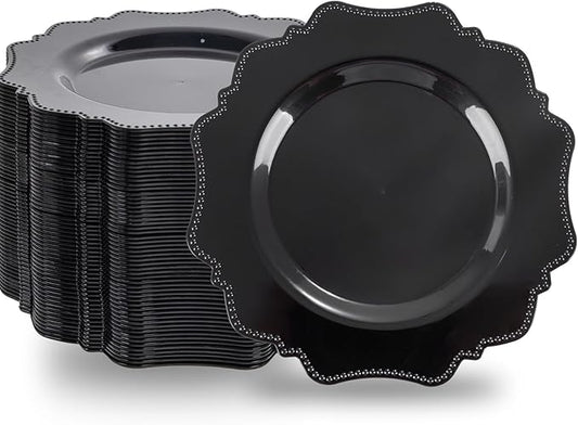 COLOSUS 100pcs Black Plastic Party Dinner Plates - 9.5 Inch- Heavy Duty Disposable Plastic Dinner Plates for Party Wedding and Everyday Use