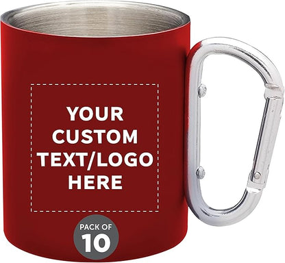 Custom Stainless Steel Mugs with Carabiner Handle 10 oz. Set of 10, Personalized Bulk Pack - Perfect for Coffee, Soda, Other Hot & Cold Beverages - Red