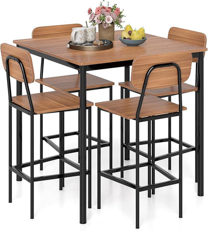 Giantex 5-Piece Dining Table Set W/Counter Height Table & 4 Bar Stools, Industrial Kitchen Dining Table Set W/Footrest & Backrest, Space-Saving Dinette Set for Pub, Dining Room, Restaurant (Teak)