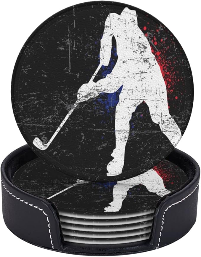6 Pcs Vintage Ice Hockey Player Leather Coasters - Image 2