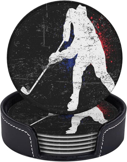 6 Pcs Vintage Ice Hockey Player Leather Coasters - Image 2