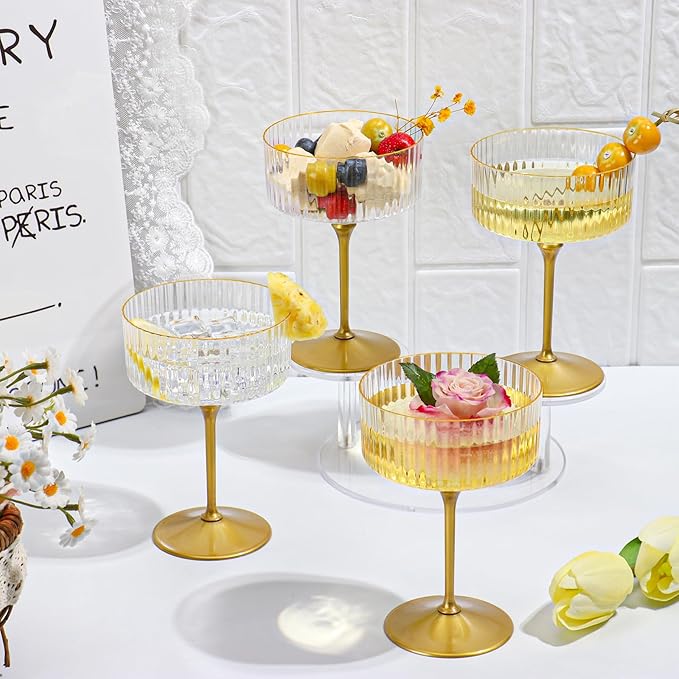 12 PCS Ribbed Coupe Glasses with Gold Stem Clear Plastic Champagne Coupe Cup 10oz Detachable Gold Rim Espresso Martini Glass Vintage Margarita Glassware Cocktail Glass for Christmas