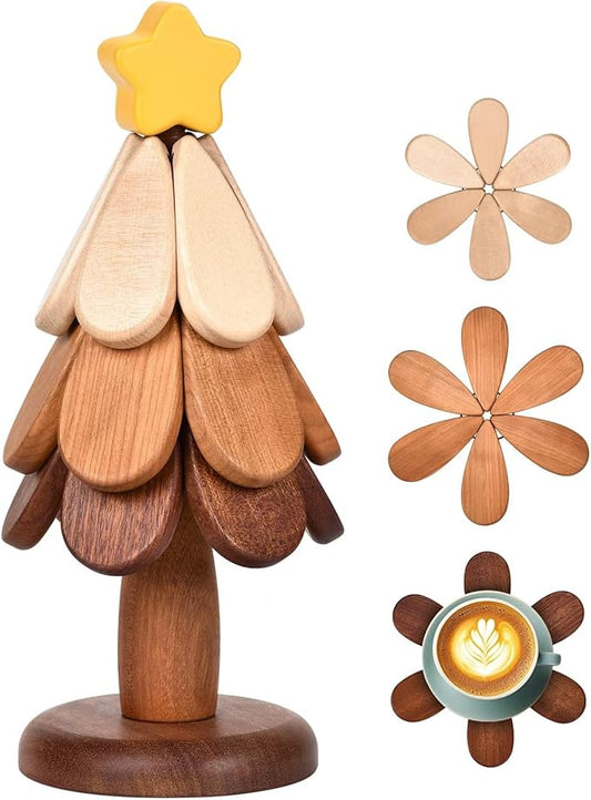 Wooden Tree Trivet Set - Tree Coasters & Trivets for Hot Dishes - Cork Hot Pots and Pans - Coasters & Trivets for Hot Dishes (Star)