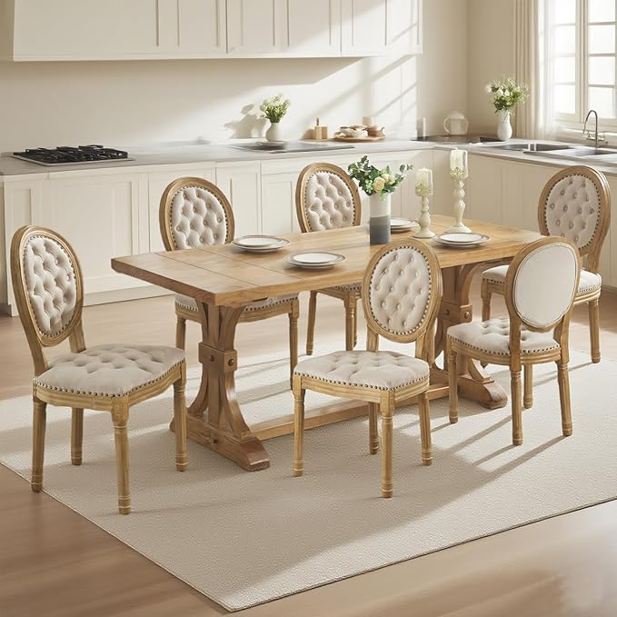 SoarFlash French Dining Chairs Set of 2, Vantage Dining Chair with Round Back, Wood Leg Farmhouse Country Velvet Dining Chair for Kitchen,Bedroom,Beige