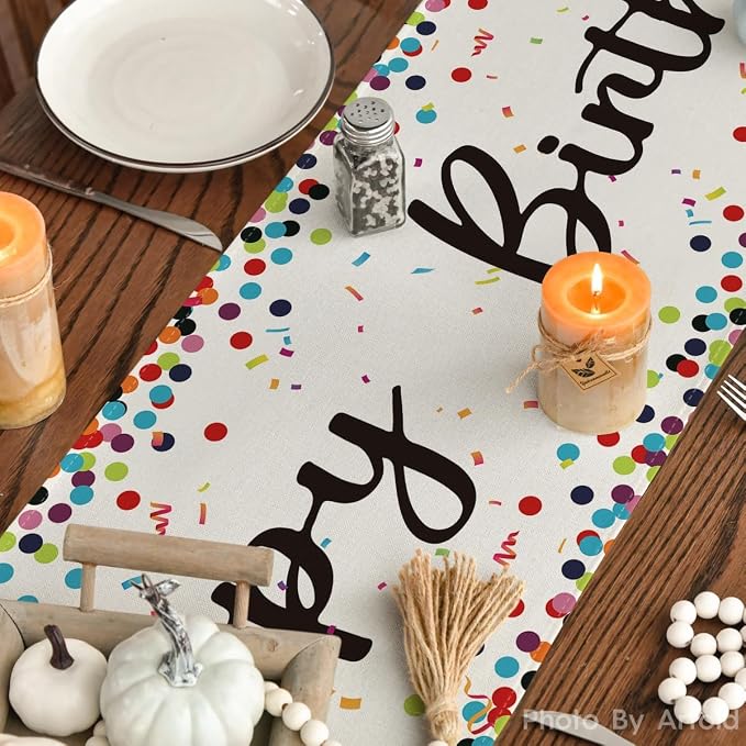 Artoid Mode Polka Dot Beige Happy Birthday Table Runner, Seasonal Kitchen - Image 4