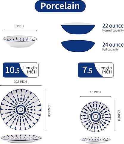 Bestone 12-Piece Round Porcelain Dinnerware Set, Service for 4, Chip Resistant Plates and Bowls,Blue, Dishwasher & Microwave Safe for Home Daily Use