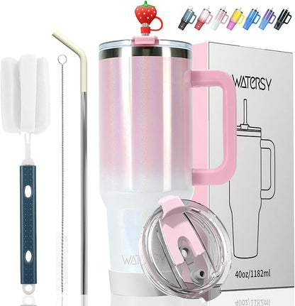 40 oz Shiny Tumbler with Handle and Straw, Stainless Steel Tumbler with Lid and by Watersy