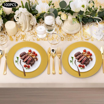 100 Pcs Antique Charger Plates Bulk, 13in Reusable Serving Plates Embossed Rim Plastic Party Dinner Plate Chargers Round Decorative Server Plate for Wedding Party Event Tableware