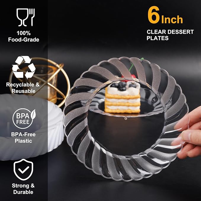 U-QE 100 Pieces Clear Plastic Plates-6 Inch Plastic Dessert Plates Disposable - Image 3
