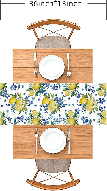 Lemon and Blue Floral Table Runner, 36 x 13 inches | Linen Texture Fabric - Image 5