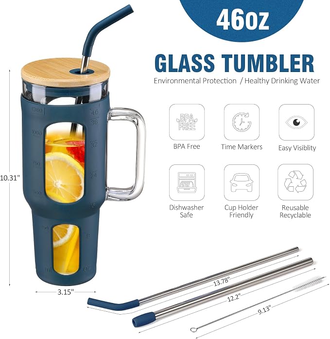 WINSA Glass Tumbler with Lid and Straw, 46 oz, Large Water Bottle with Silicone - Image 4