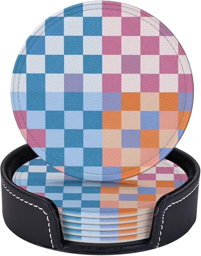 Colorful Blue and Purple Checkered Leather Coasters Set of 6 - Image 2