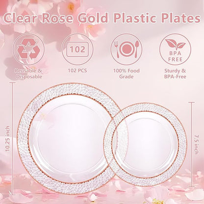 102PCS Rose Gold Plastic Plates - Clear Rose Gold Disposable Plates Include 51PCS 7.5inch Dessert Plate 51PCS 10.25inch Dinner Plate Perfect for Weddings Valentine's Day Parties