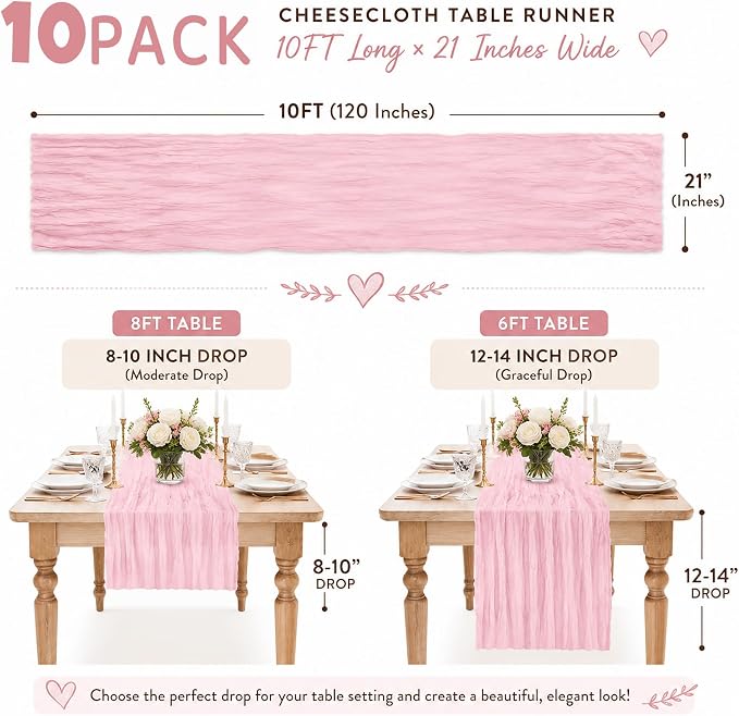 10 Pack Pink Table Runner 10FT Gauze Cheesecloth Table Runner | 21x120 Inch - Image 3