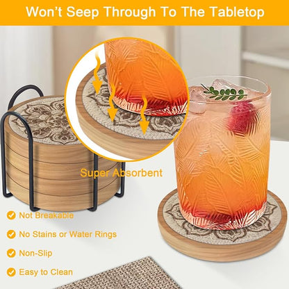 Wood Coasters for Drinks, Eykao Absorbent Coaster Sets of 5, Woven Drink - Image 2