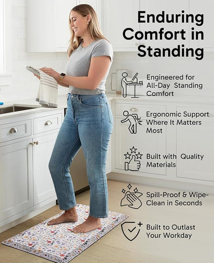 Ophanie Kitchen Mats for Floor, 3/4 inch Thick, 20x39 Anti Fatigue Cushioned Mat, Kitchen Rugs, Waterproof, Comfort Ergonomic Standing Mat for Office, Home, Sink, White Flower Non-Slip Ridged Bottom