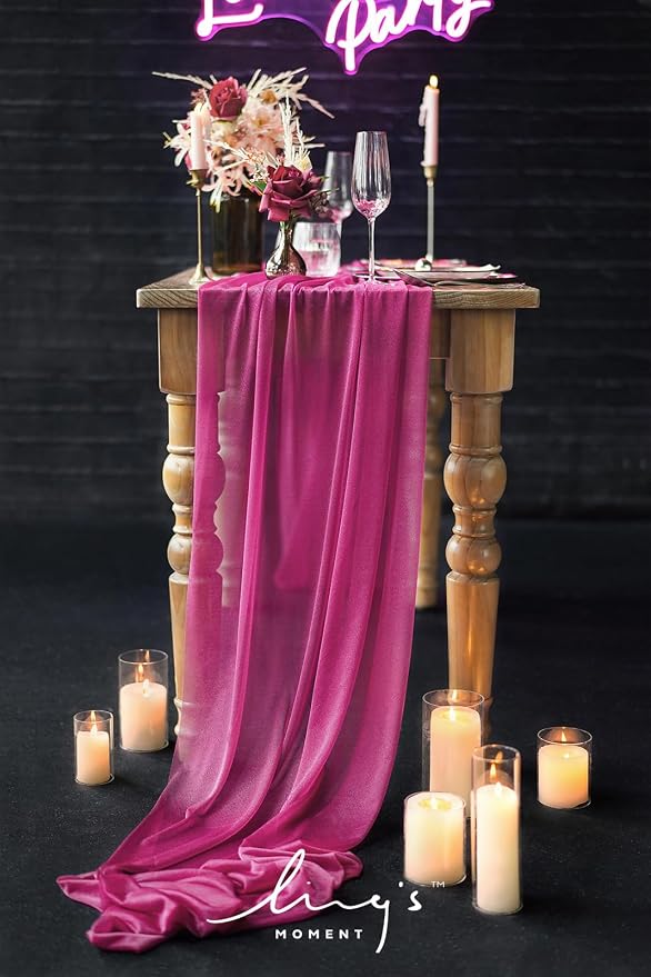 Ling's Moment 14Ft Magenta Table Runner, Wedding Long Chiffon Table Runners | - Image 4