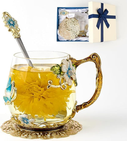 Flower Tea Cup, Butterfly Daisy Clear Glass Fancy Coffee Mug by Unknown