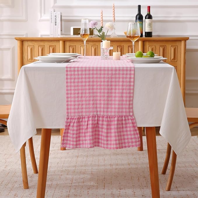 Pink White Plaid Gingham Ruffle Table Runner 108 inches Long 100% Washed Cotton by KMASANIJI