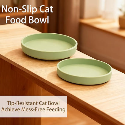 Silicone Cat Bowl Set of 2 Shallow Cat Dishes Small Non-Slip Pet Dog Bowls for Dry & Wet Food, Whisker Fatigue (Round Green)