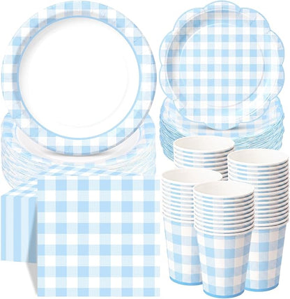 Funnymoom 250 Pcs Blue Gingham Paper Plates and Napkins Party Supplies Blue by Funnymoom