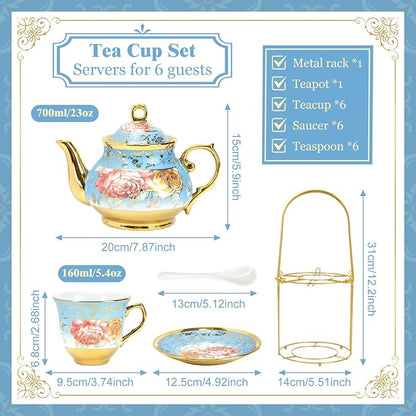 20 Pcs Porcelain Tea Set with Metal Holder, Adult Tea Set Gift, European - Image 3