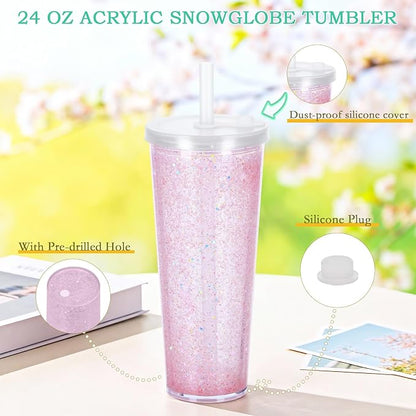 6 Pack 24Oz Snow Globe Tumblers, Double Wall Acrylic Pre Drilled Snow Globe Cup - Image 3