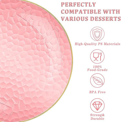 Rubtlamp 60 Pcs Pink Gold Plastic Plates, Gold Hammered Disposable Salad Plates, 7 Inch Disposable Dessert Platos, Plastic Dessert Appetizer Platos Perfect for Mother's Day