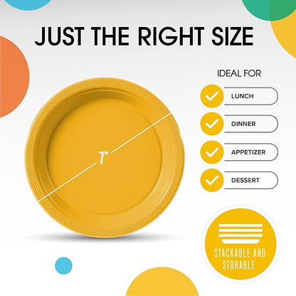 Yellow Plastic Plates For Party 7" Yellow Disposable Plates Heavy Duty 100 Pcs Plastic Dinnerware Sets Heavy Duty 350 GSM Disposable Dinnerware Set